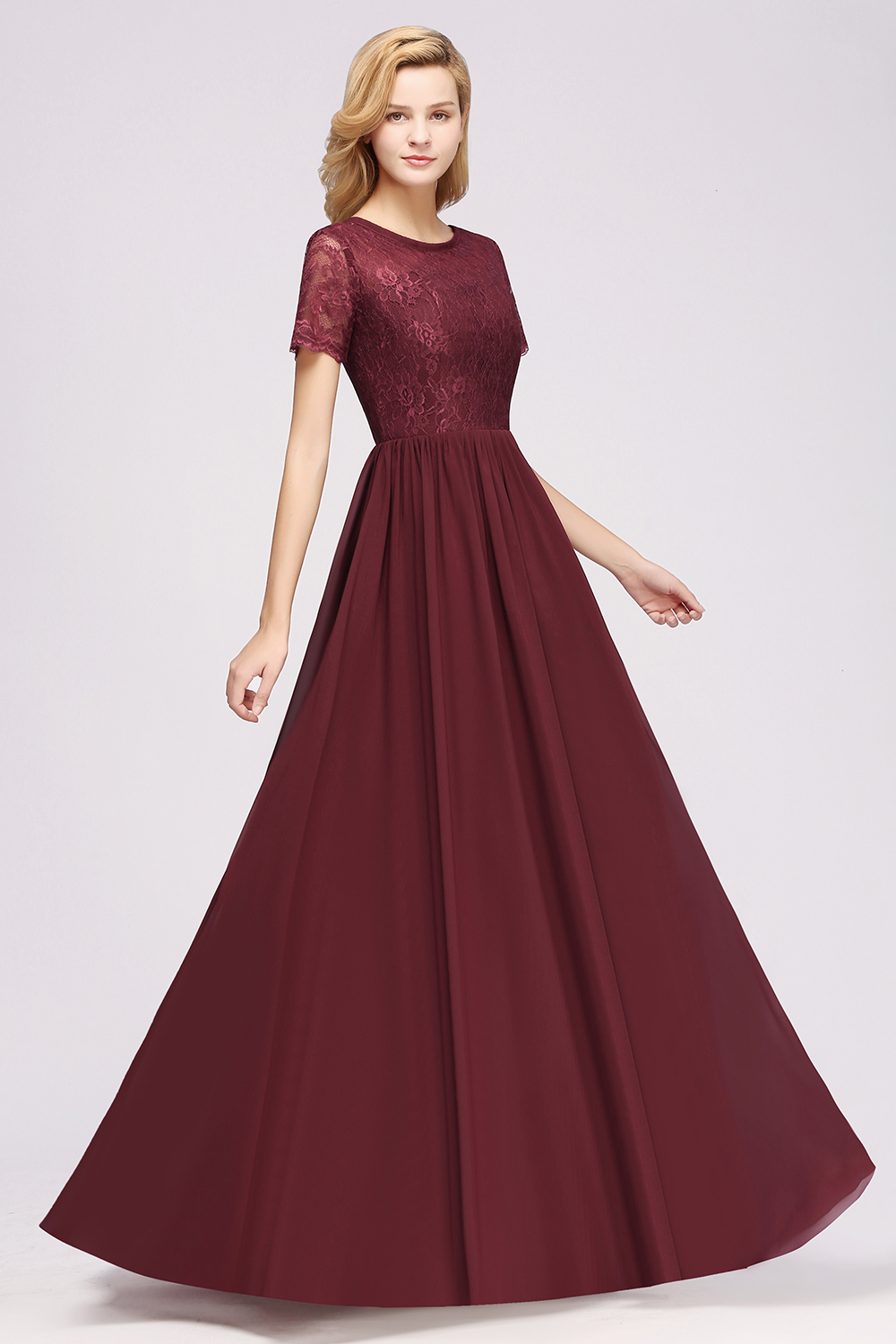 27prom Elegant Dark Navy Long Lace Bridesmaid Dresses with Short-Sleeves-27prom