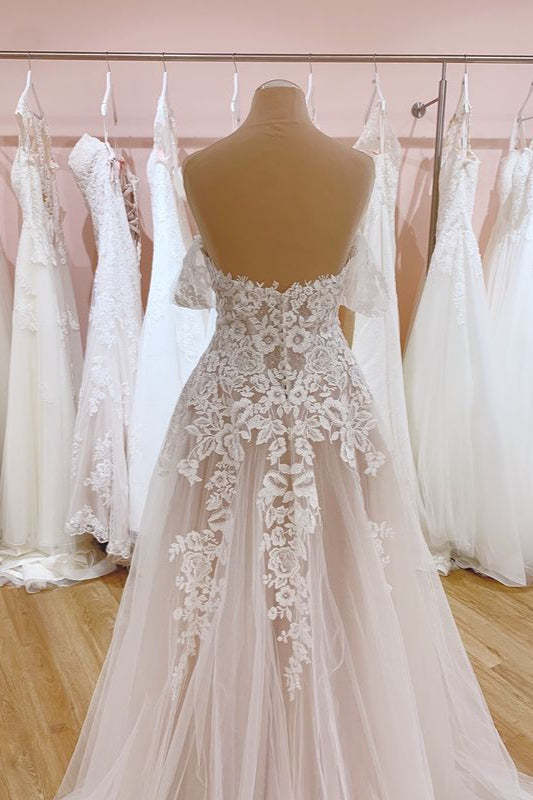 Off-the-Shoulder Train A-Line Wedding Dress with Sweetheart Backless Tulle