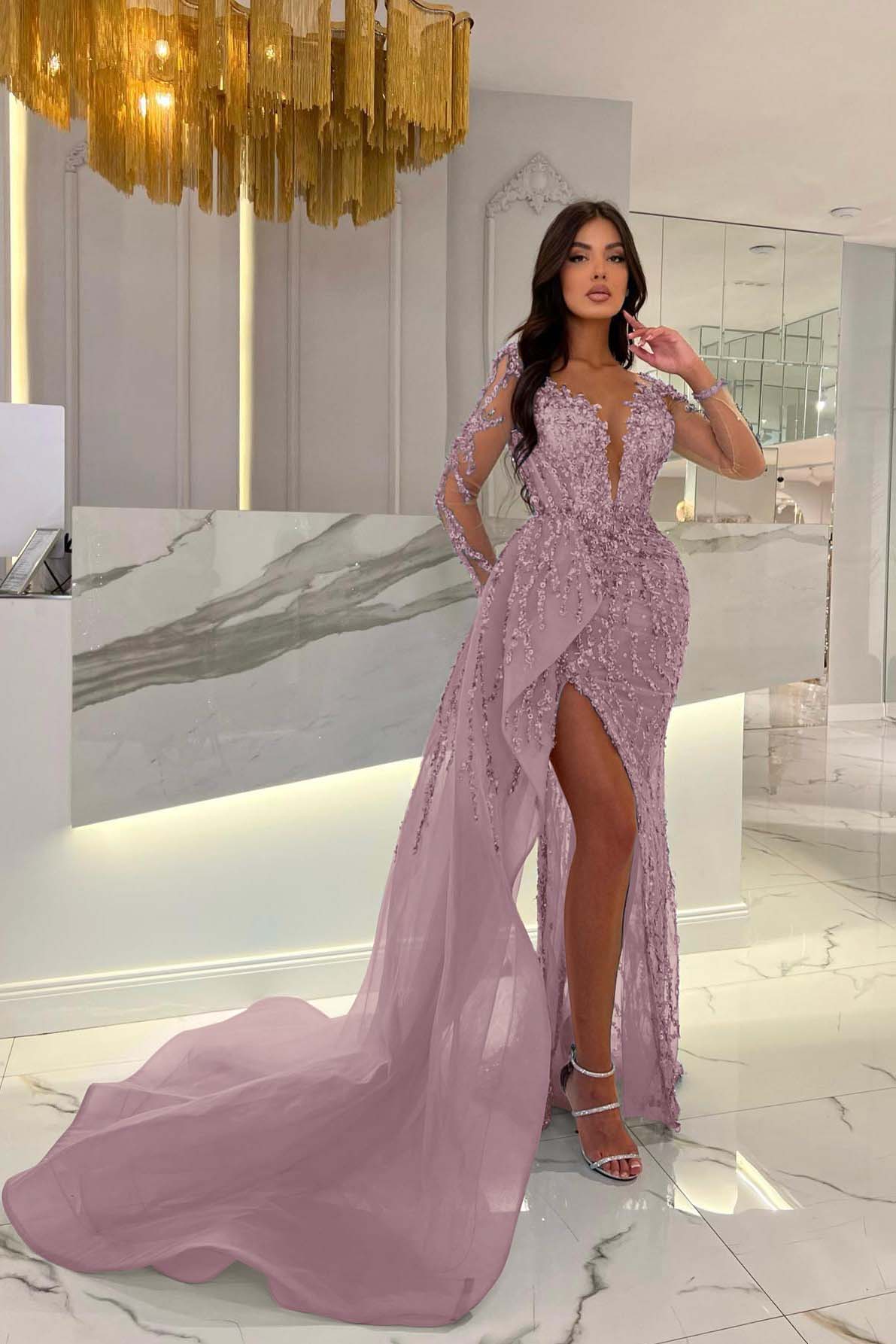 Shiny Blue Split Long Sleeves Mermaid Beaded Prom Dress Appliques Tulle