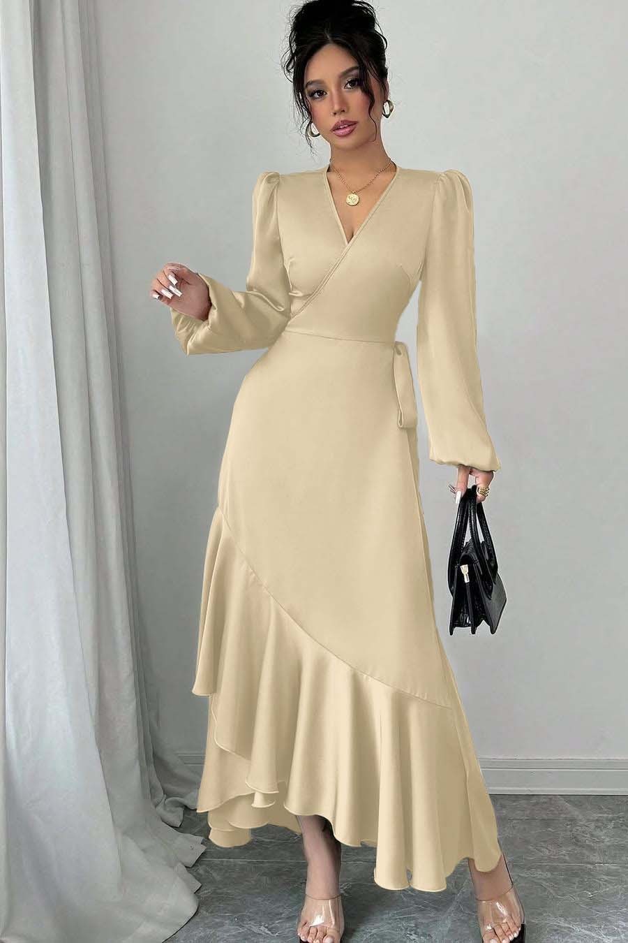 Shinning Long Sleeves V Neck Long Prom Dress With Ruffles Pleated