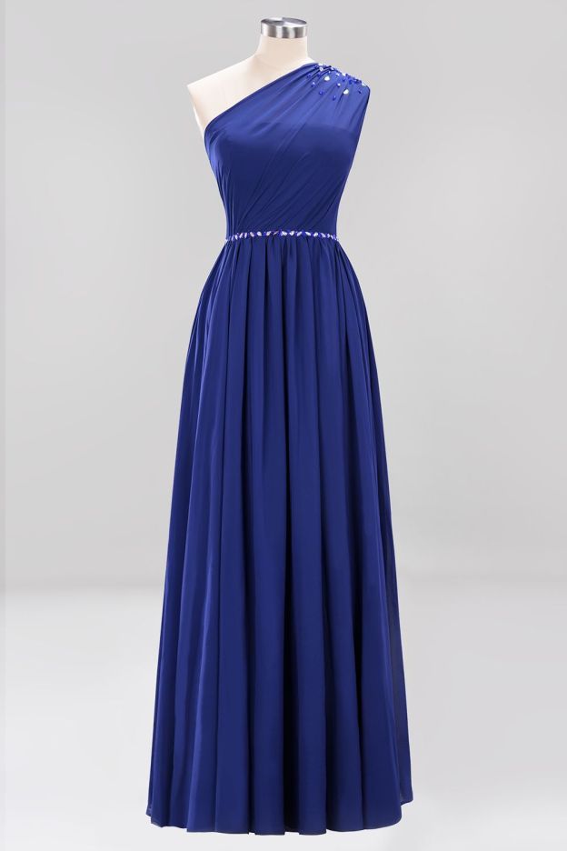 27prom Modest One-shoulder Royal Blue Affordable Bridesmaid Dress with Beadings-27prom
