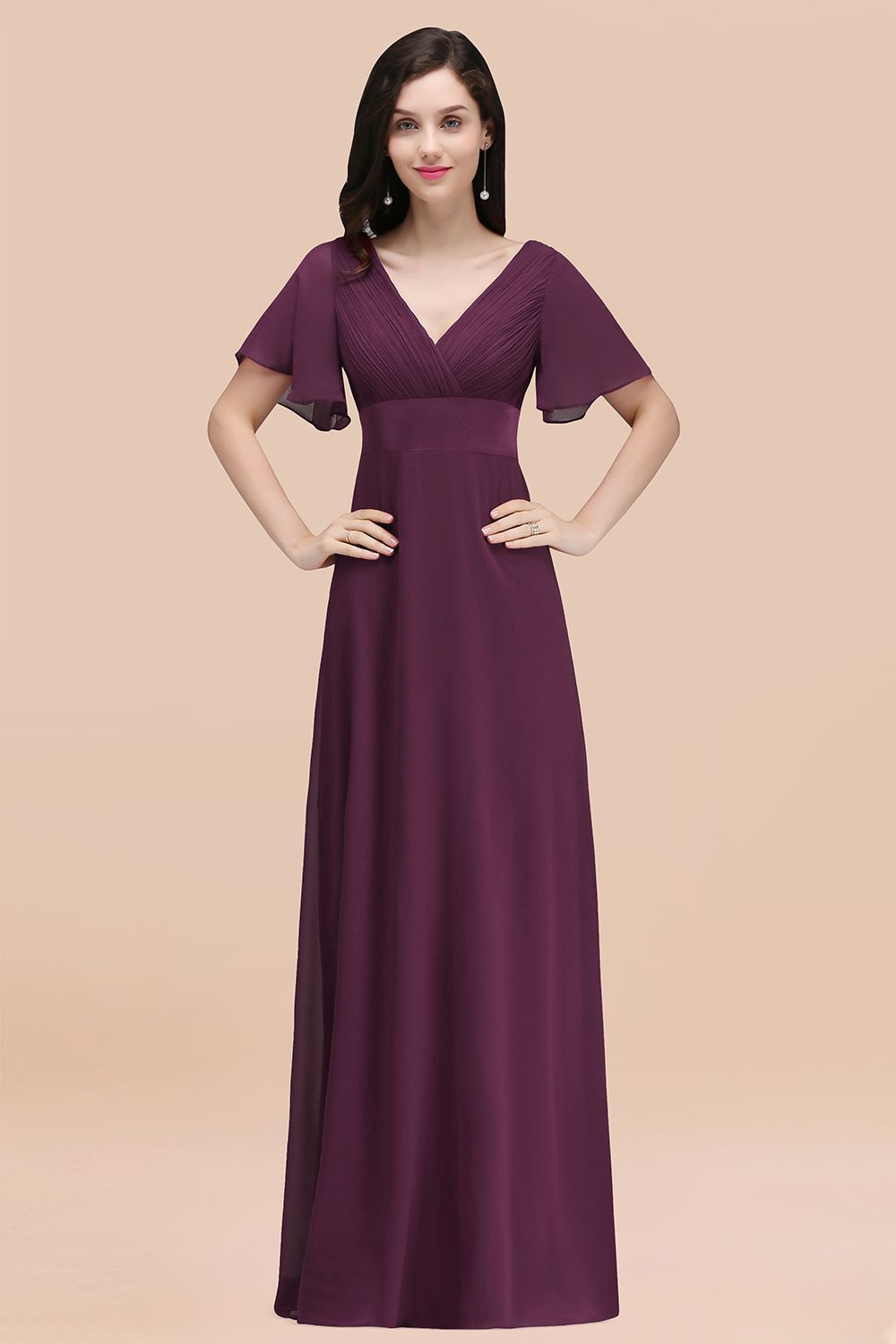 27prom Affordable V-Neck Ruffle Long Burgundy Bridesmaid Dress With Short-Sleeves-27prom