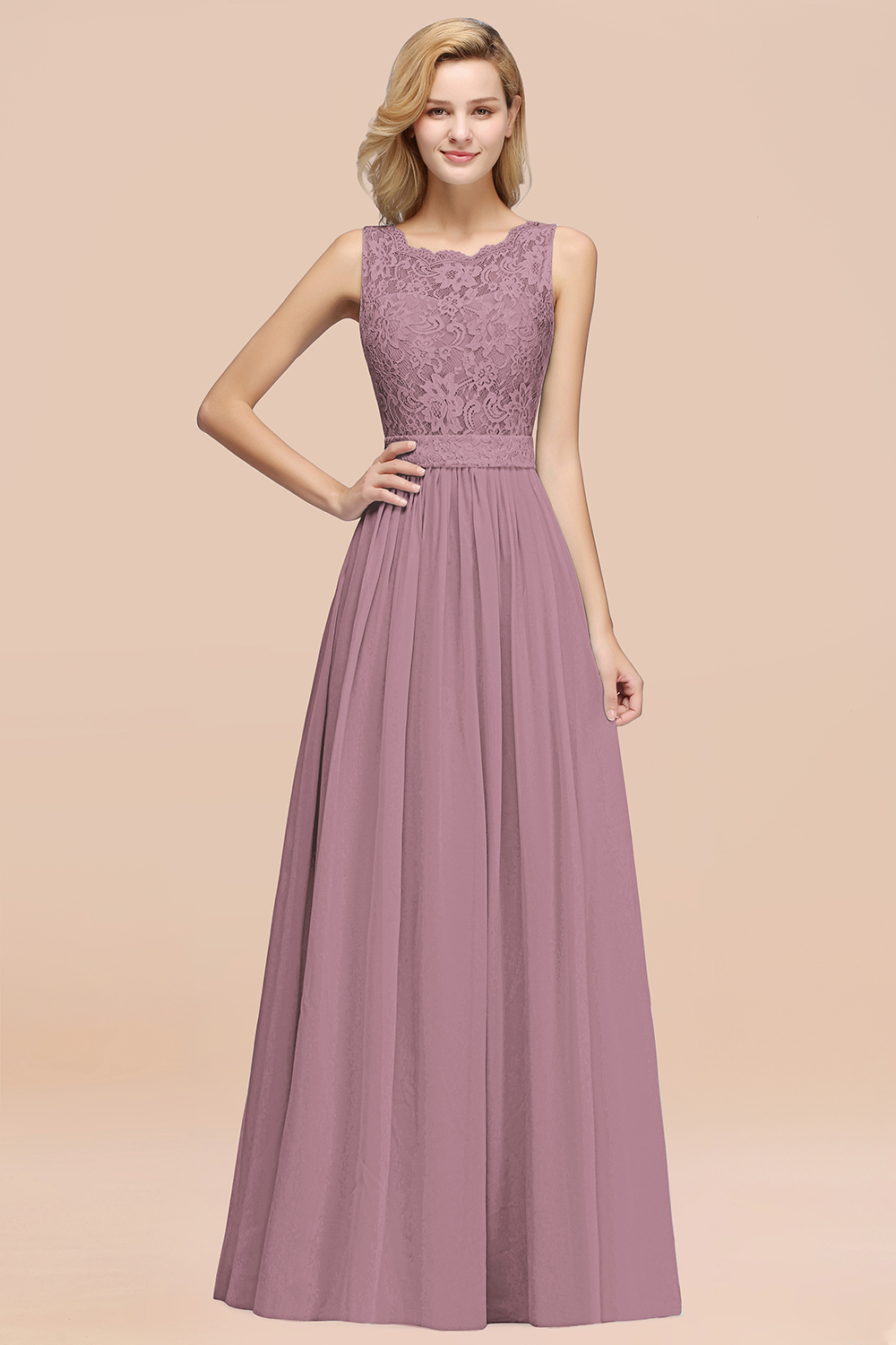 27prom Elegant Chiffon Lace Scalloped Sleeveless Ruffle Bridesmaid Dresses-27prom