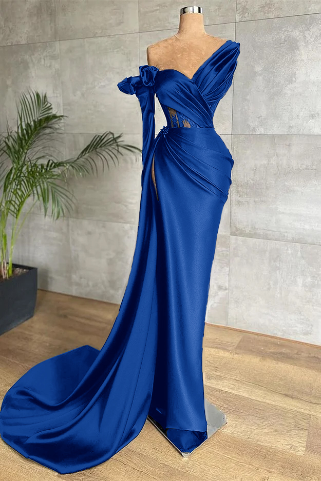 Black One Shoulder Long Sleeve Lace Pleated Long Prom Dress With Side Split