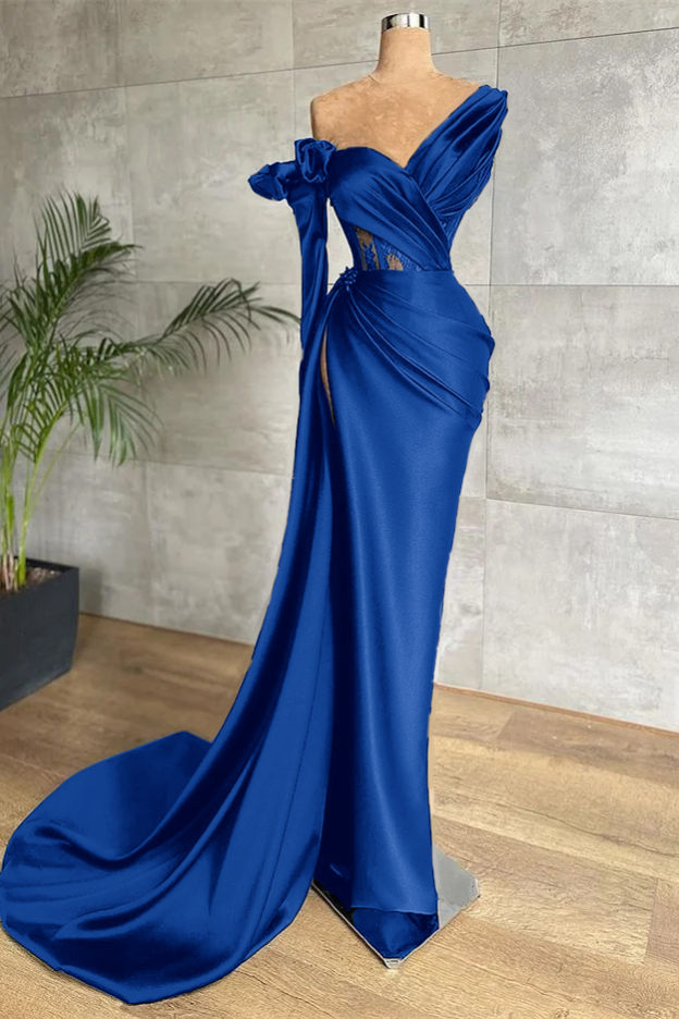 Black One Shoulder Long Sleeve Lace Pleated Long Prom Dress With Side Split