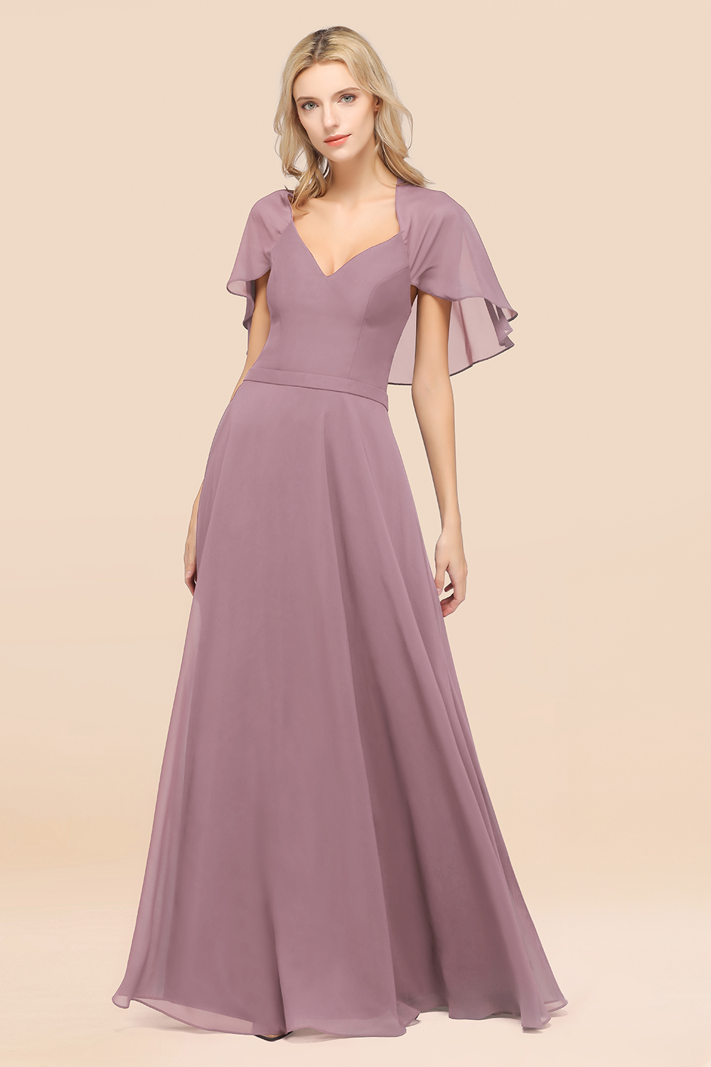 27prom Chic Satin V-Neck Long Burgundy Chiffon Bridesmaid Dress with Flutter Sleeve-27prom