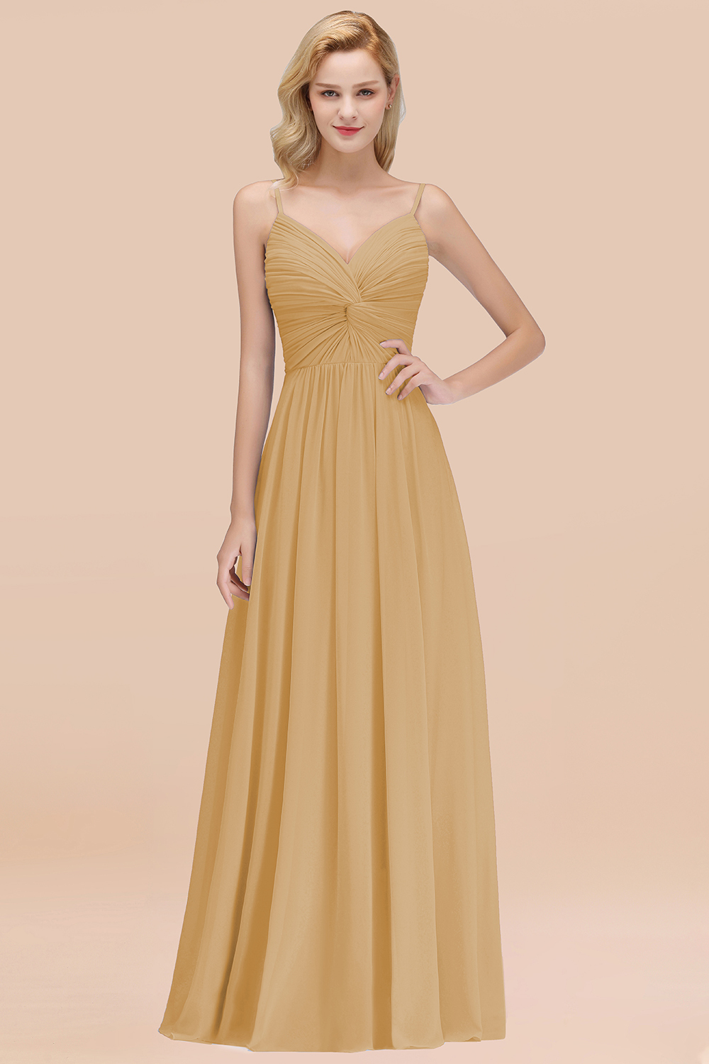 27prom Chic V-Neck Pleated Backless Bridesmaid Dresses with Spaghetti Straps-27prom
