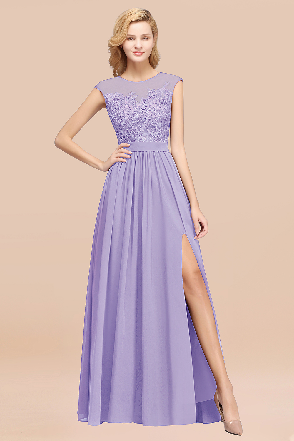 27prom Affordable Scoop Lace Appliques Yellow Bridesmaid Dresses with Slit-27prom