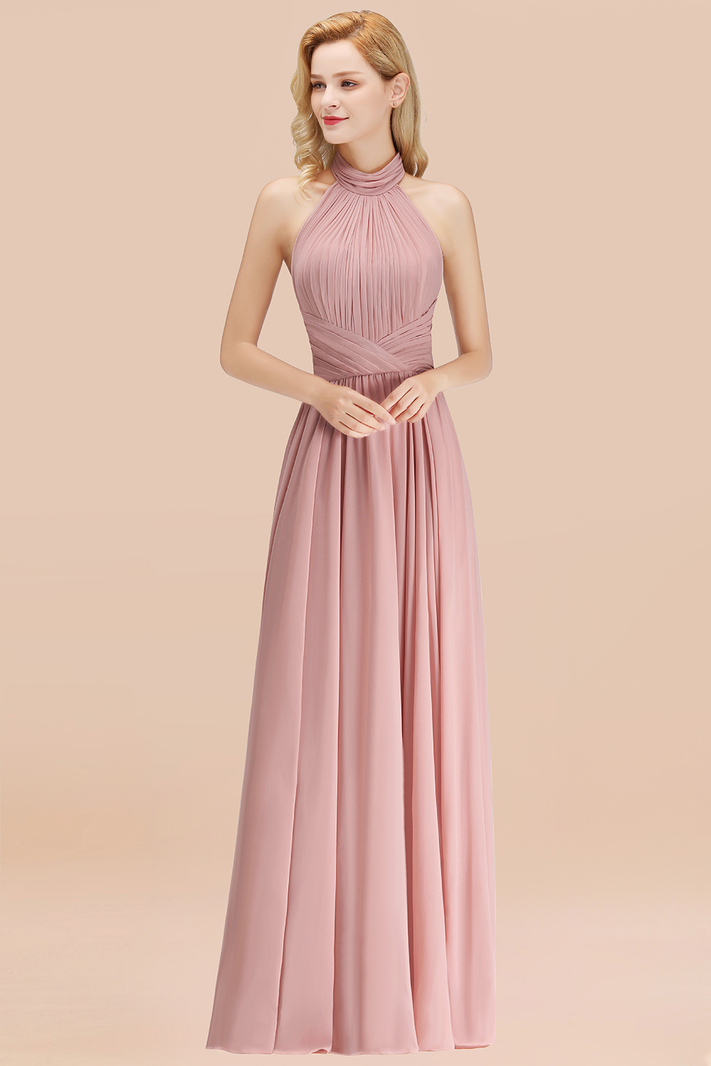 27prom Gorgeous High-Neck Halter Backless Bridesmaid Dress Dusty Rose Chiffon Maid of Honor Dress-27prom
