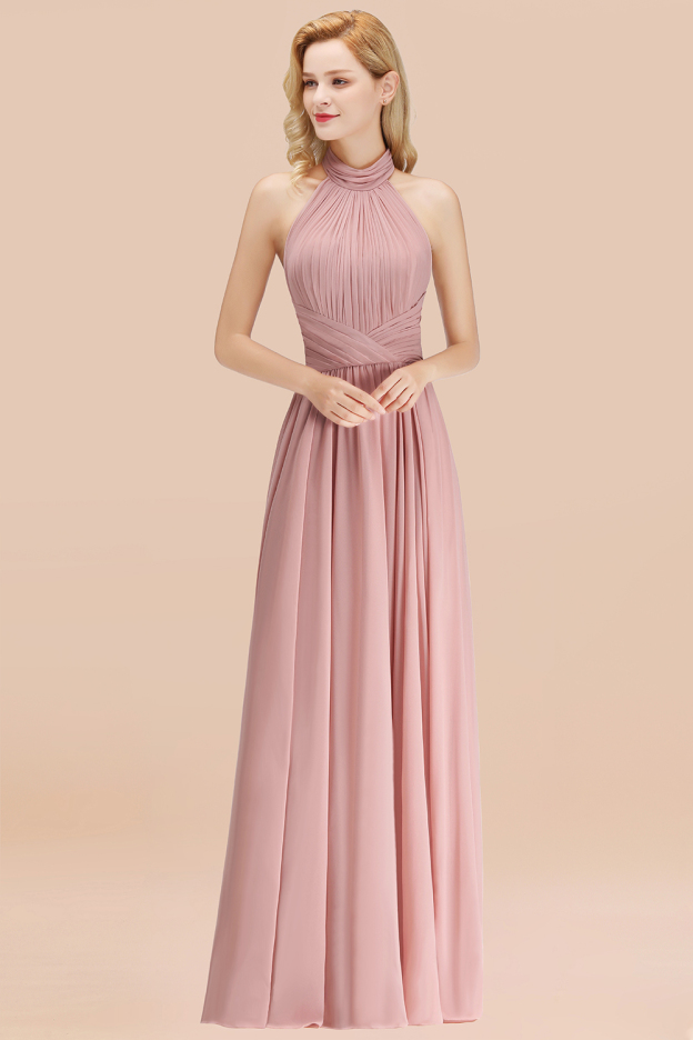 27prom Gorgeous High-Neck Halter Backless Bridesmaid Dress Dusty Rose Chiffon Maid of Honor Dress-27prom