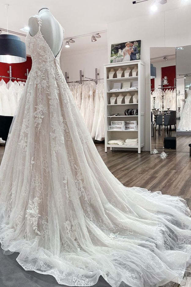 V-Neck Long A-Line Wedding Dress with Ruffles, Open Back, and Tulle Lace