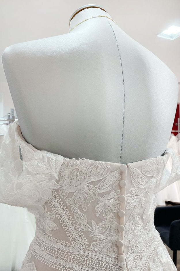 Sleeveless Off-the-Shoulder Long A-Line Wedding Dress with Tulle Lace Appliques