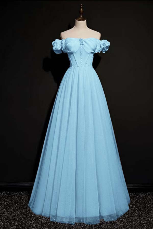 Off the Shoulder Strapless Sleeveless Long Prom Dress With Tulle