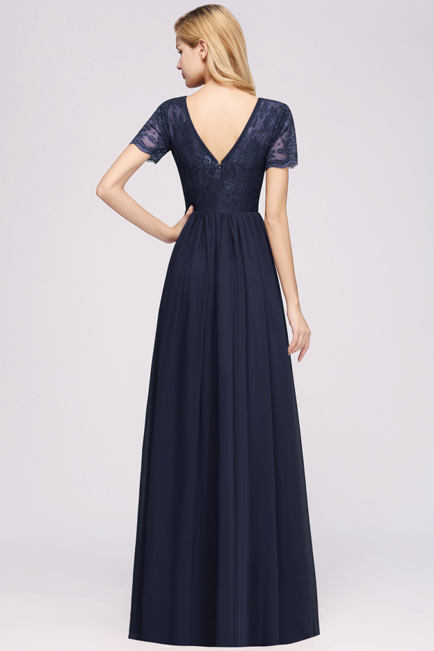27prom Elegant Dark Navy Long Lace Bridesmaid Dresses with Short-Sleeves-27prom