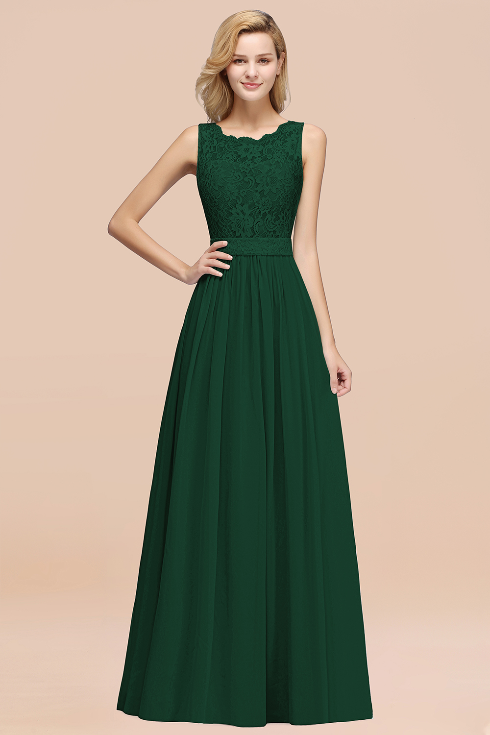 27prom Elegant Chiffon Lace Scalloped Sleeveless Ruffle Bridesmaid Dresses-27prom
