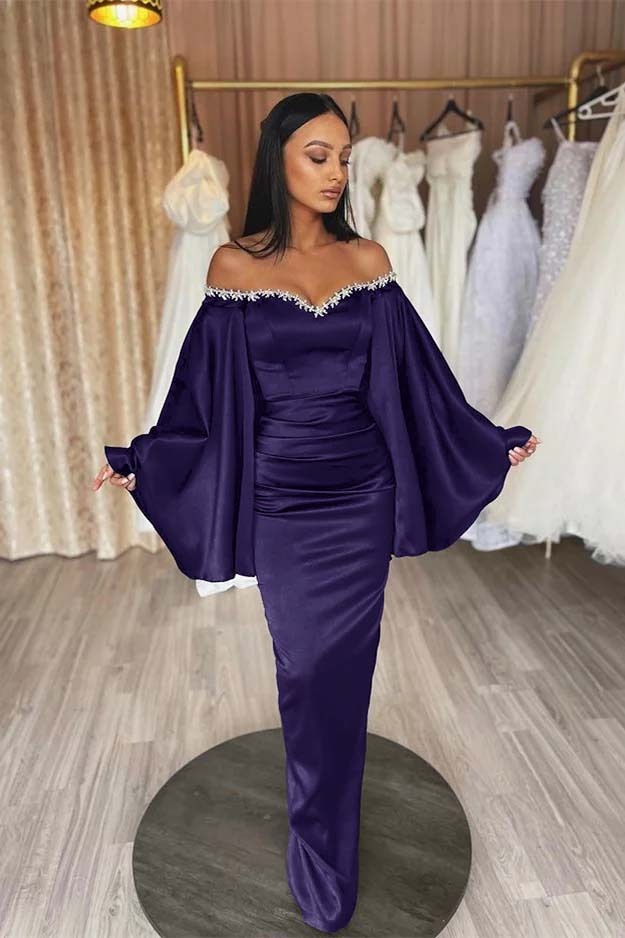 Off the Shoulder Long Sleeves Pleated Long Prom Dress With Beading