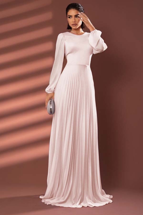 Chiffon Jewel Neck Long Sleeves Long Prom Dress With Pleated