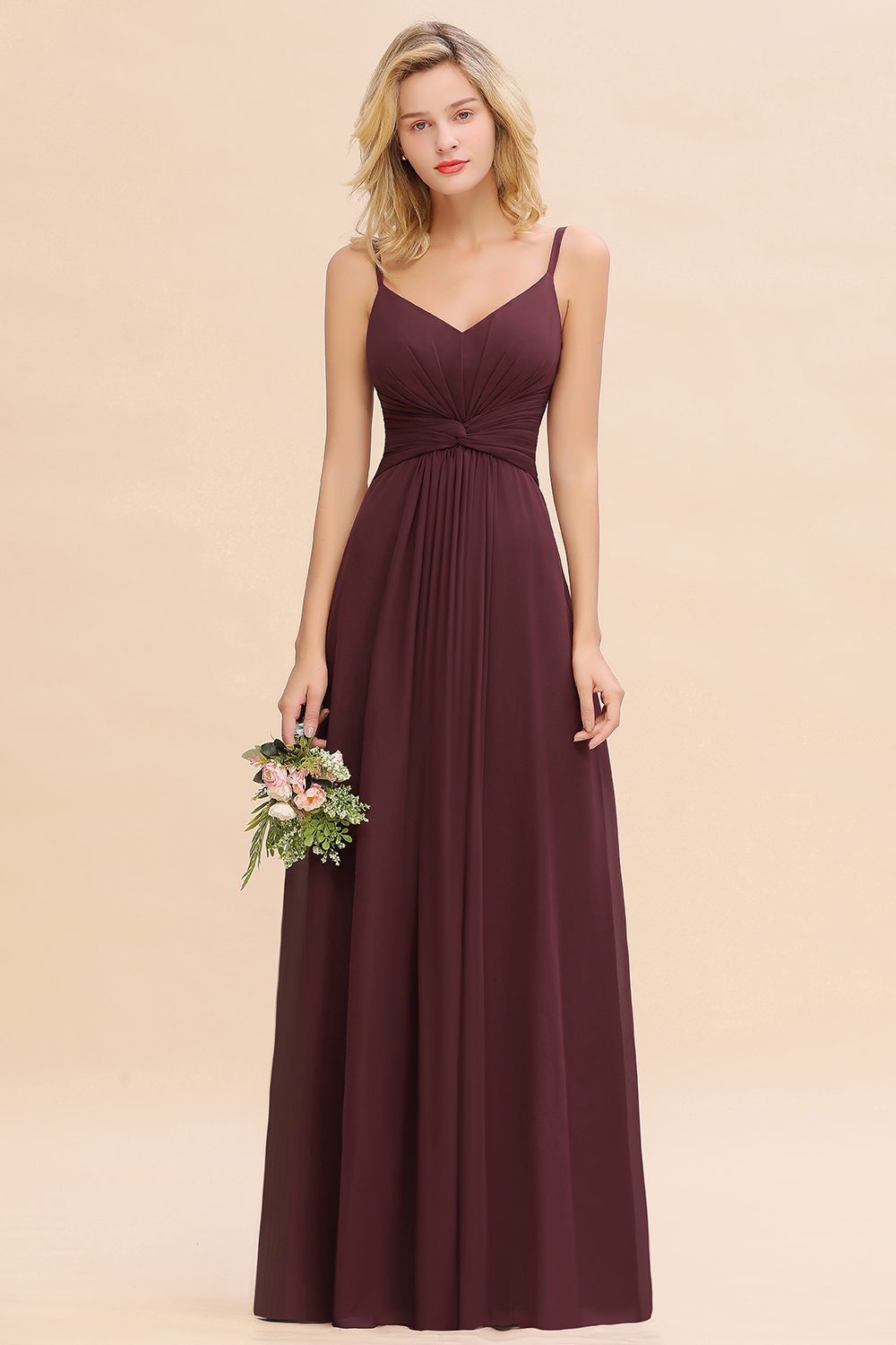 27prom Modest Ruffle Spaghetti Straps Backless Burgundy Bridesmaid Dresses Affordable-27prom
