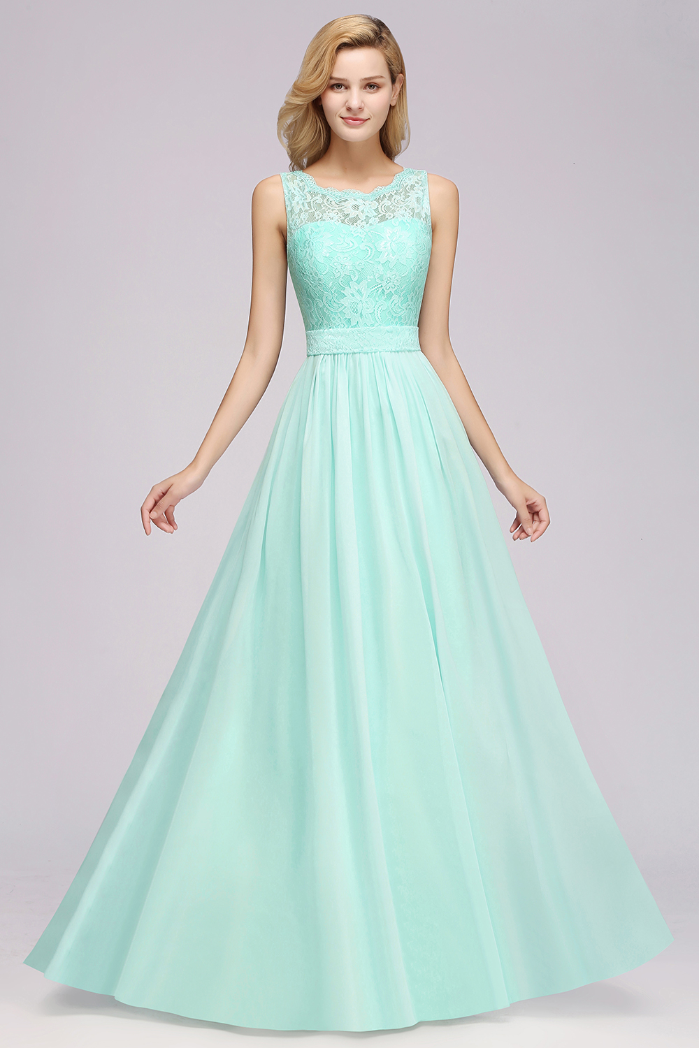 27prom Elegant Chiffon Lace Scalloped Sleeveless Ruffle Bridesmaid Dresses-27prom