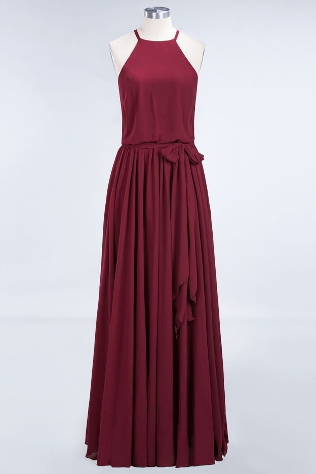 27prom Affordable Halter Bow Long Bridesmaid Dress Modest Burgundy Chiffon Wedding Party Dress-27prom