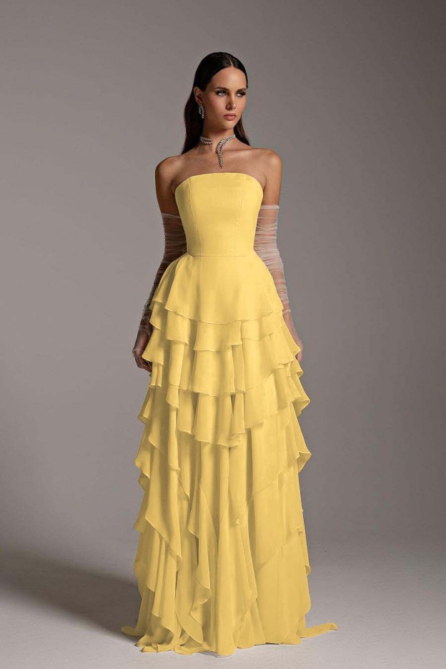 Charming Strapless Sleeveless Ruffles Long Prom Dress With Gloves