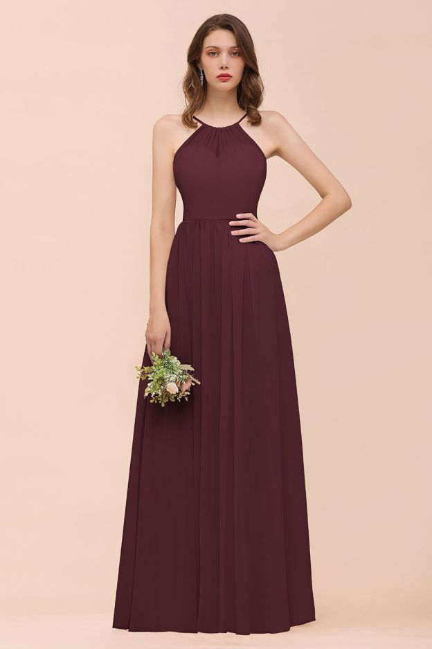27prom Gorgeous Chiffon Halter Ruffle Affordable Long Bridesmaid Dress-27prom