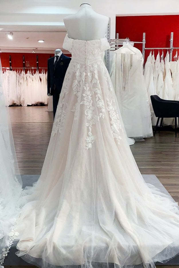 Sleeveless Off-the-Shoulder Long A-Line Wedding Dress with Tulle Lace Appliques