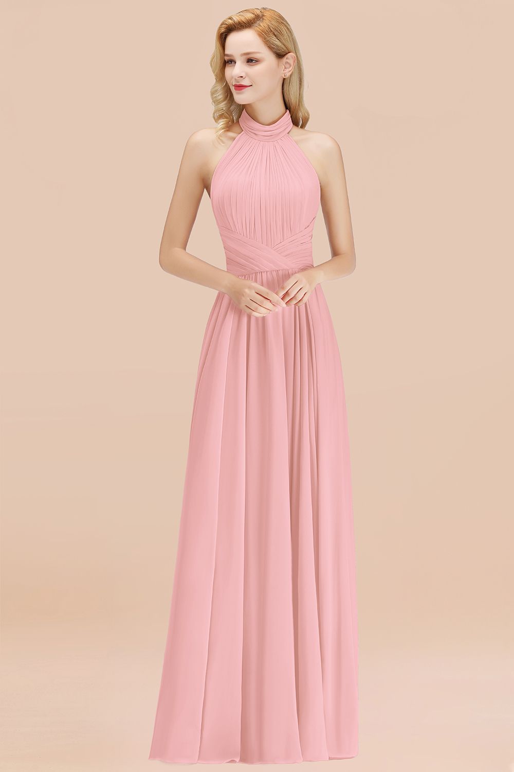 27prom Gorgeous High-Neck Halter Backless Bridesmaid Dress Dusty Rose Chiffon Maid of Honor Dress-27prom