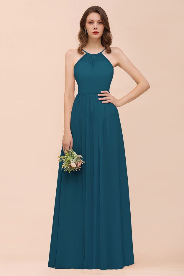27prom Gorgeous Chiffon Halter Ruffle Affordable Long Bridesmaid Dress-27prom