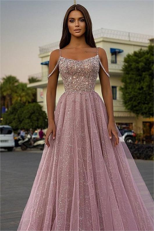 Tulle Spaghetti Strap Sleeveless A Line Long Prom Dress With Sequins Beads