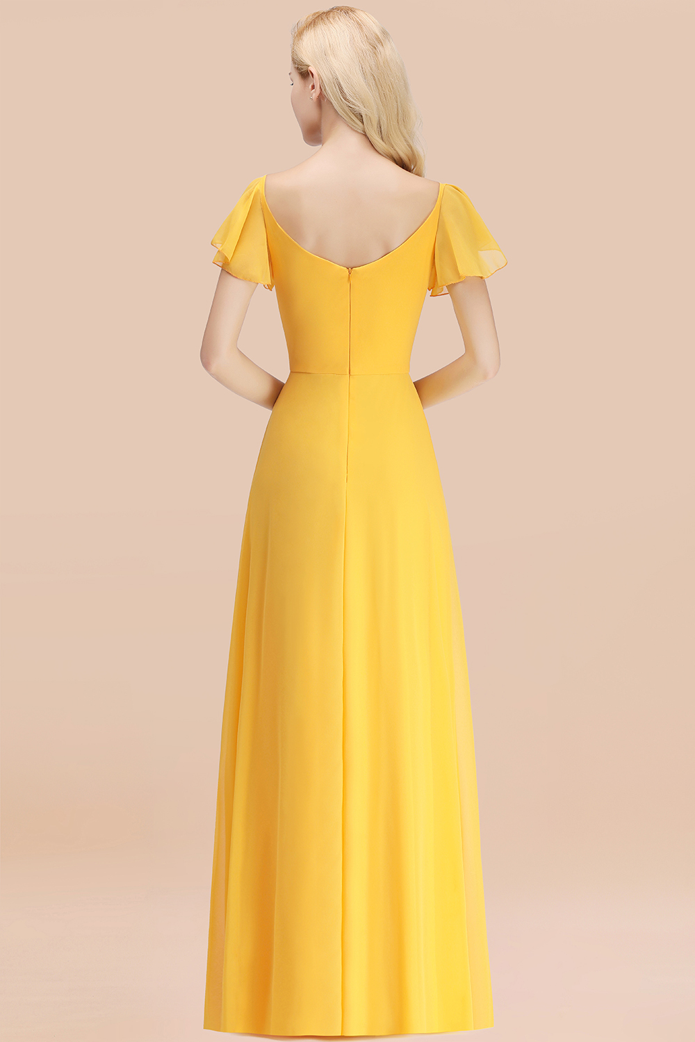 27prom Elegent Short-Sleeve Long Bridesmaid Dress Online Yellow Chiffon Wedding Party Dress-27prom