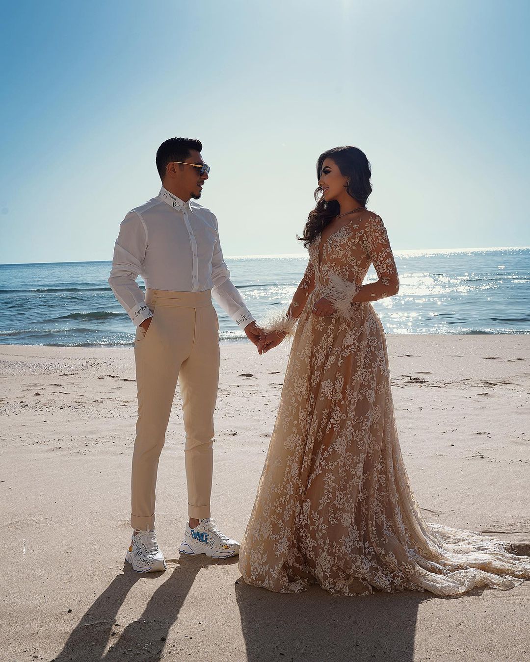 Long A-Line Column Train Jewel Neck Wedding Dress with Lace