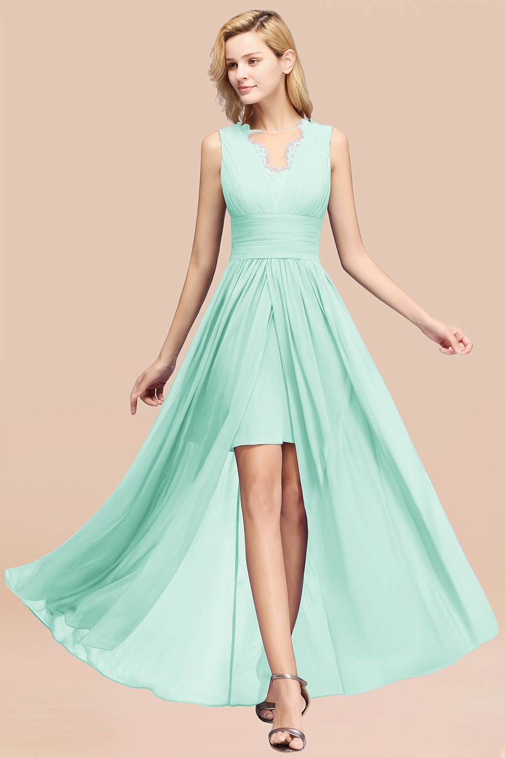 27prom Elegant Chiffon Lace Jewel Sleeveless Bridesmaid Dress with Ruffle-27prom