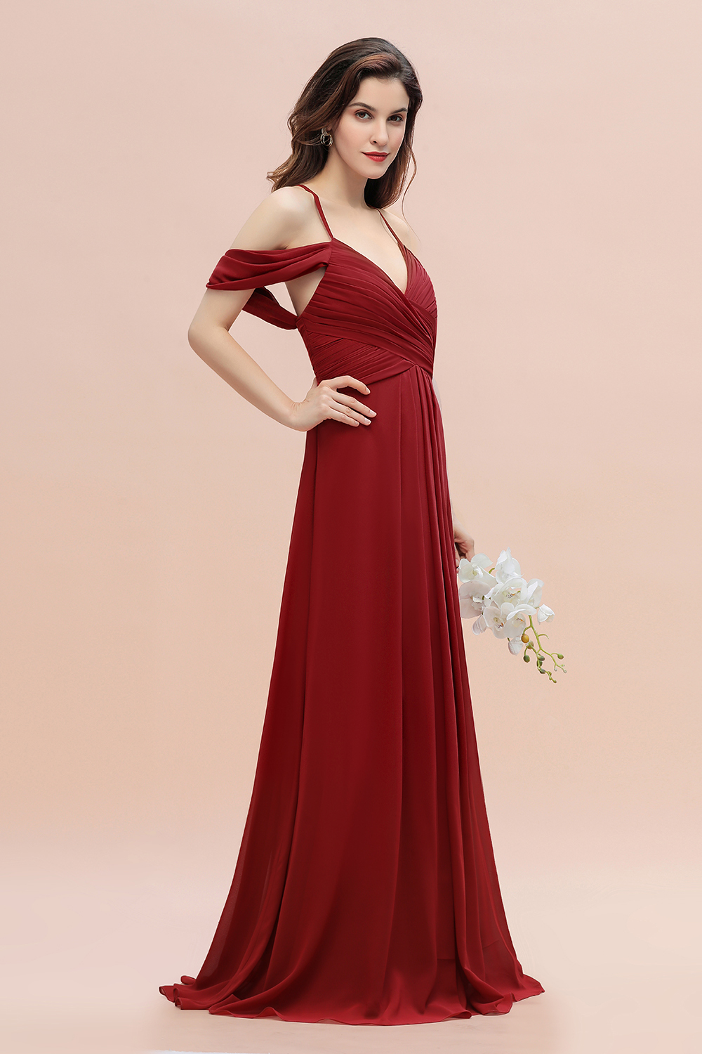 Elegant A-line Off-the-Shoulder V-neck Ruched Long Bridesmaid Dress-27prom