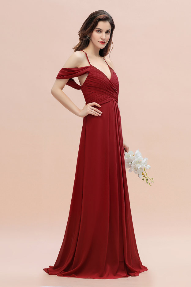 Elegant A-line Off-the-Shoulder V-neck Ruched Long Bridesmaid Dress-27prom
