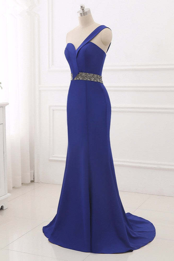 Royal Blue One-Shoulder Prom Dress with Mermaid Long Backless Beaded Design