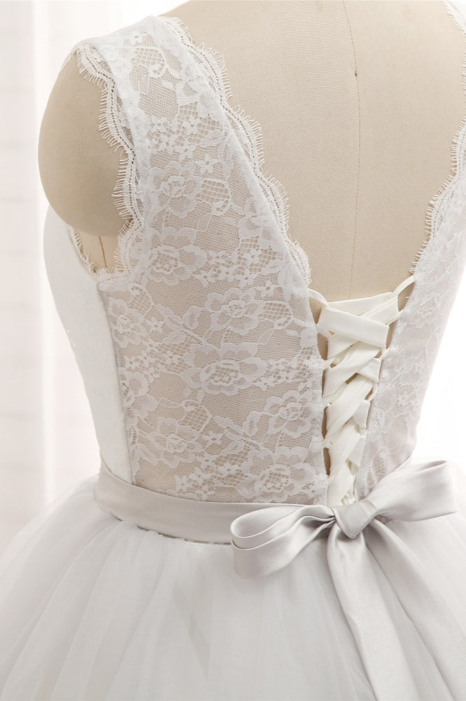 Princess Jewel Neck Long Wedding Dress with Tulle Lace
