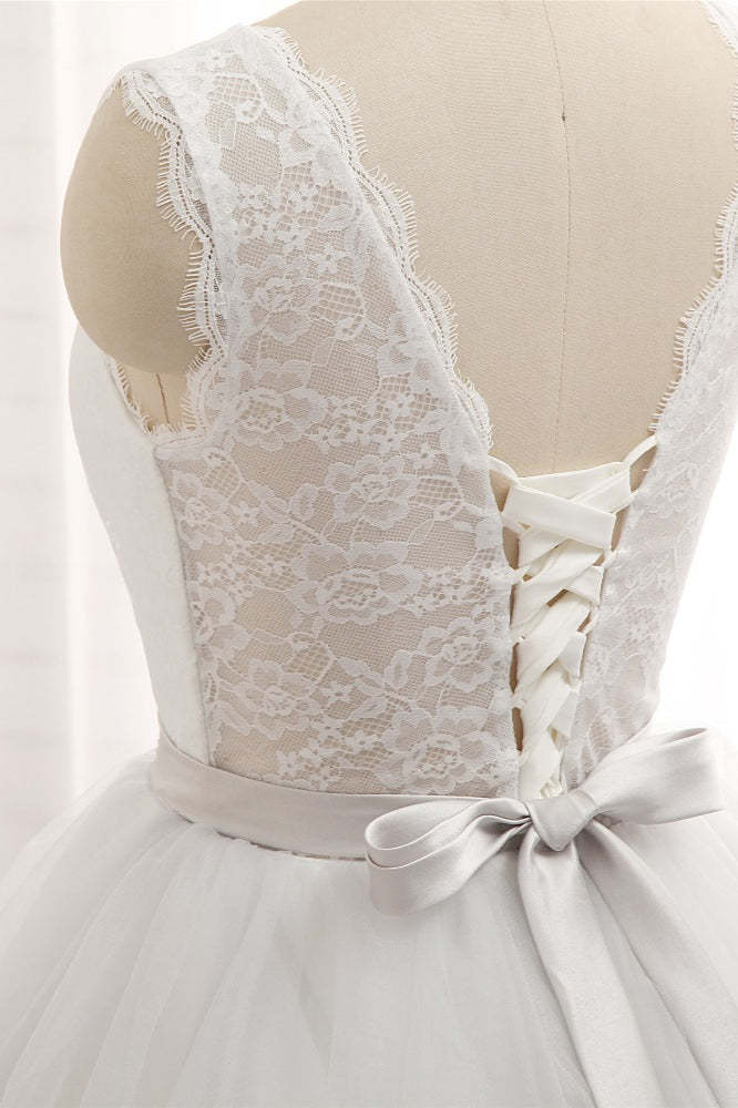 Princess Jewel Neck Long Wedding Dress with Tulle Lace