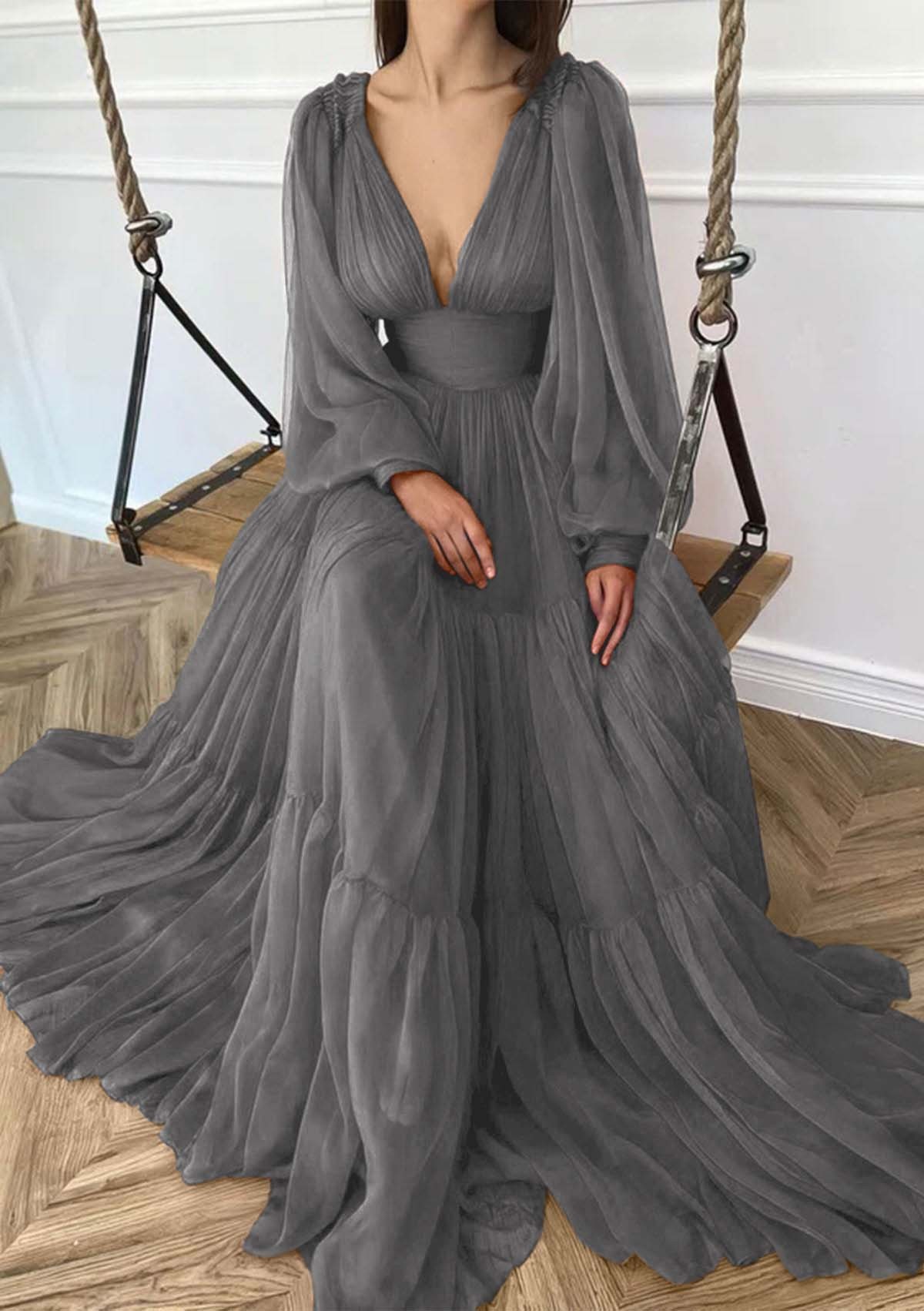 Deep V Neck Long Sleeves High Waist Long Prom Dress With Ruffles