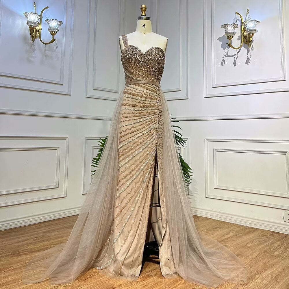 Sleeveless Mermaid Evening Dress with Split, One Shoulder, Sequins, and Tulle