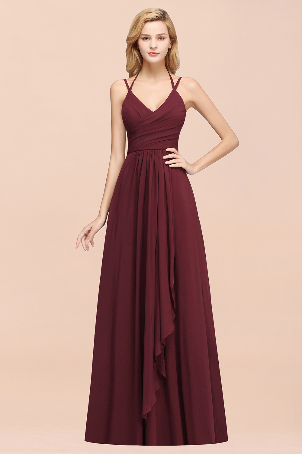 27prom Affordable Chiffon Burgundy Bridesmaid Dress With Spaghetti Straps-27prom