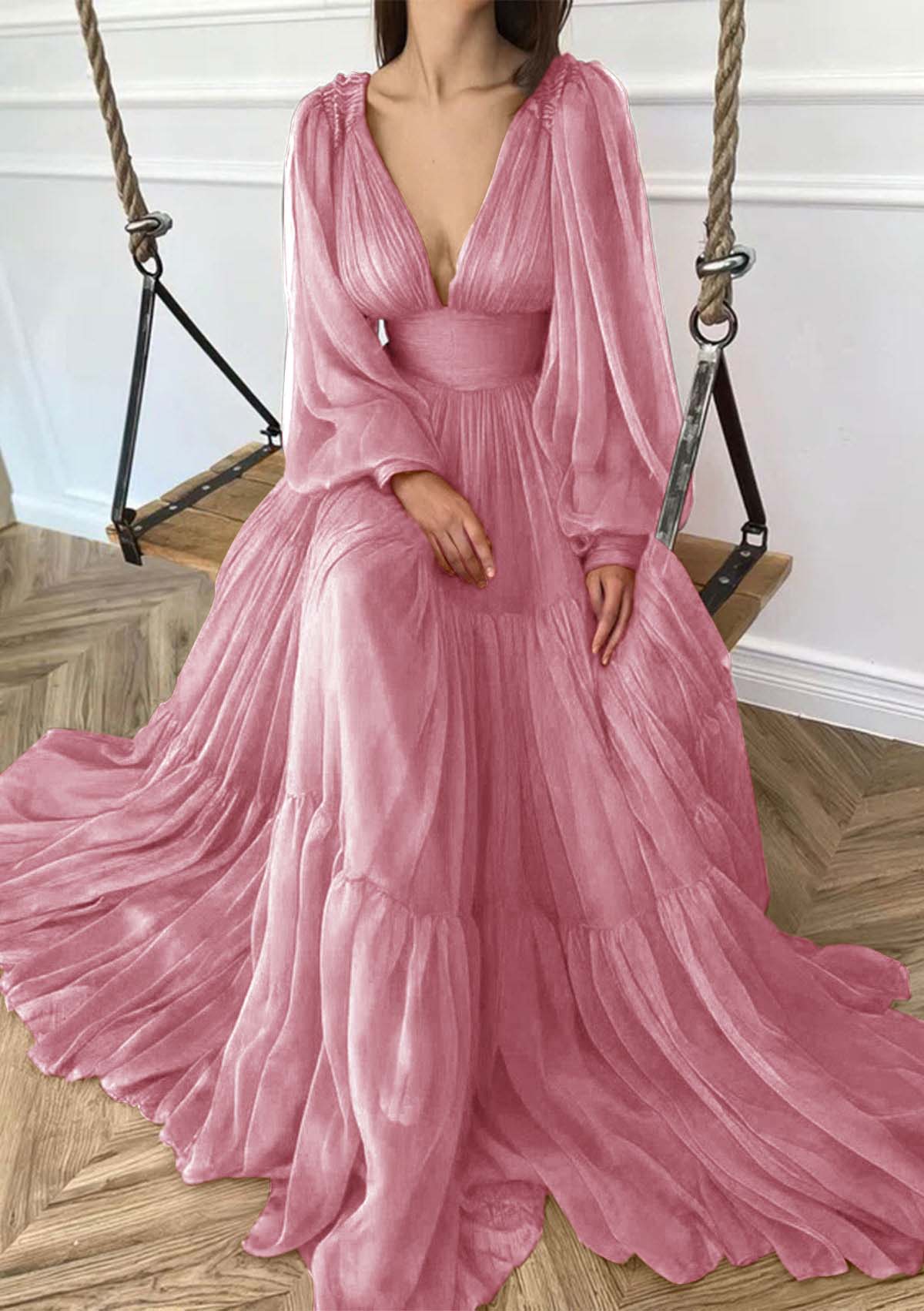 Deep V Neck Long Sleeves High Waist Long Prom Dress With Ruffles