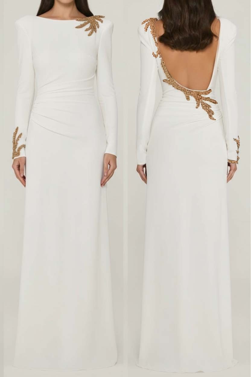 Long Sleeves Long Backless Prom Dress With Appliques Pleated