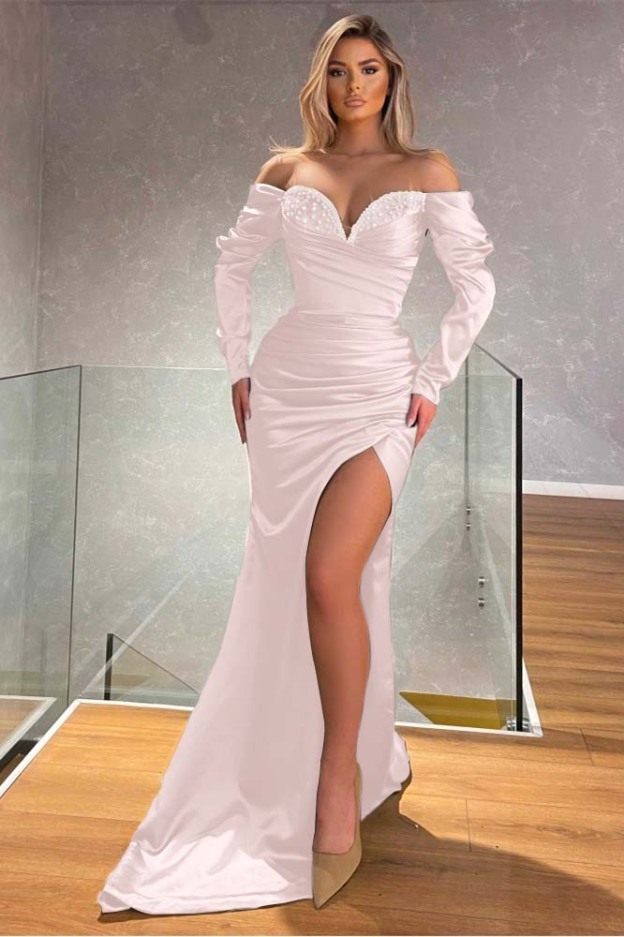 Off the Shoulder Long Sleeves Mermaid Long Prom Dress With Beading