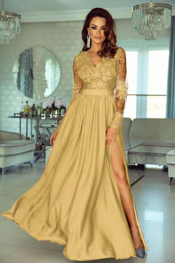 Charming V Neck Long Sleeves Lace A Line Long Prom Dress With Side Split