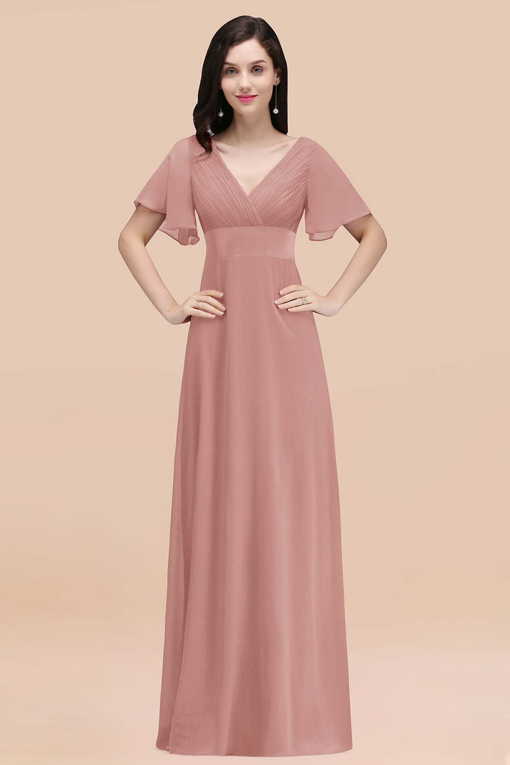 27prom Affordable V-Neck Ruffle Long Burgundy Bridesmaid Dress With Short-Sleeves-27prom