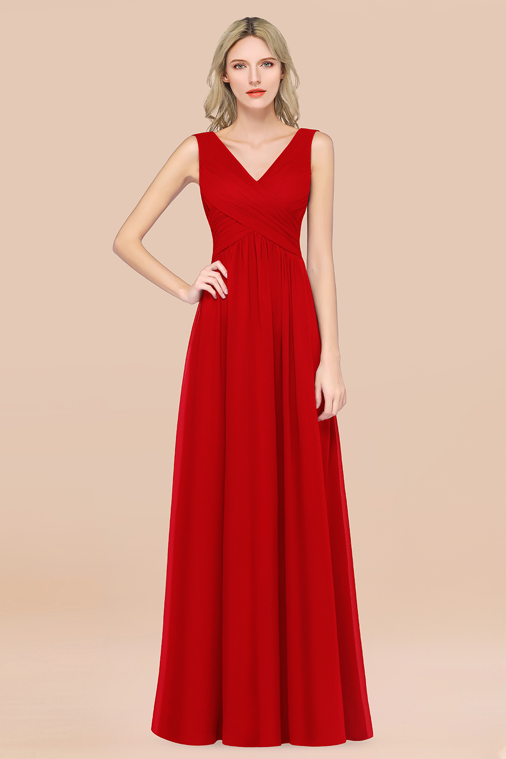 27prom Glamorous Chiffon V-Neck Sleeveless Burgundy Bridesmaid Dress with Draped Back-27prom