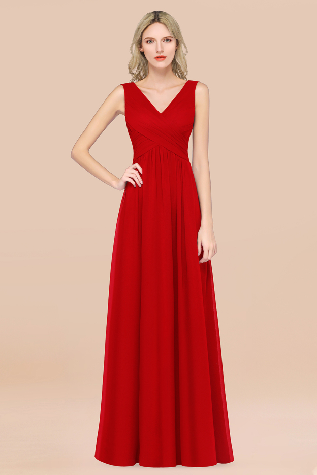 27prom Glamorous Chiffon V-Neck Sleeveless Burgundy Bridesmaid Dress with Draped Back-27prom