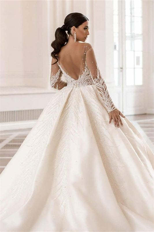 Bateau Neck Long Sleeve Ball Gown Wedding Dress with Applique