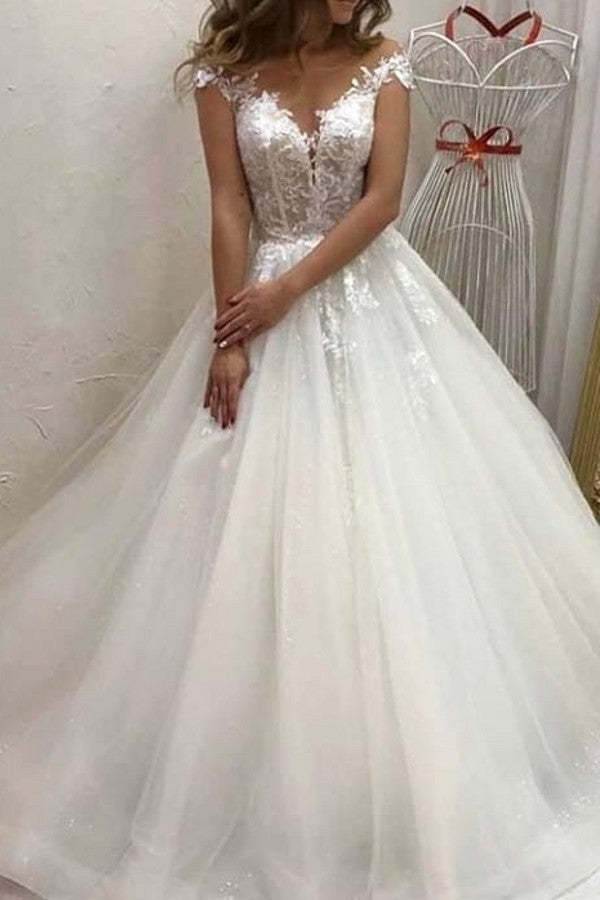 Sweetheart Off-the-Shoulder A-Line Wedding Dress with Train, Tulle, and Lace Appliques